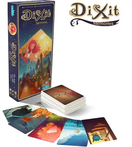 Dixit Memories expansion game box with a preview of some of the cards