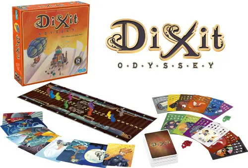 Dixit Odyssey expansion game box with a preview of some of the cards