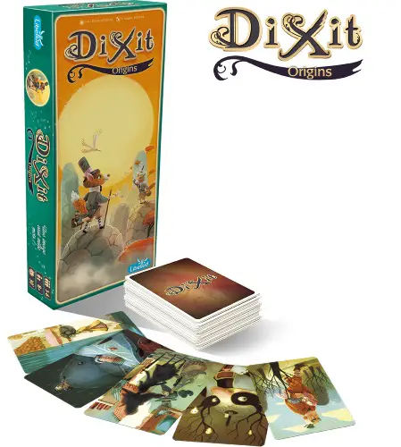 Dixit Origins expansion game box with a preview of some of the cards