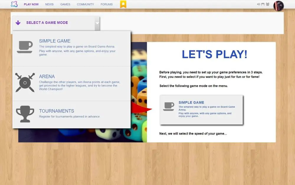 Board Games Arena game mode selection screenshot
