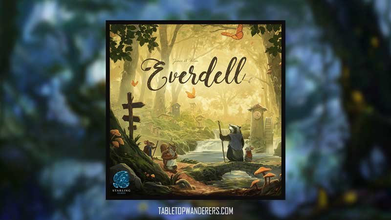 best city building games Everdell game cover on a defocused bg