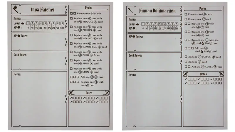 Gloomhaven Jaws of the Lion photo of two characters sheet