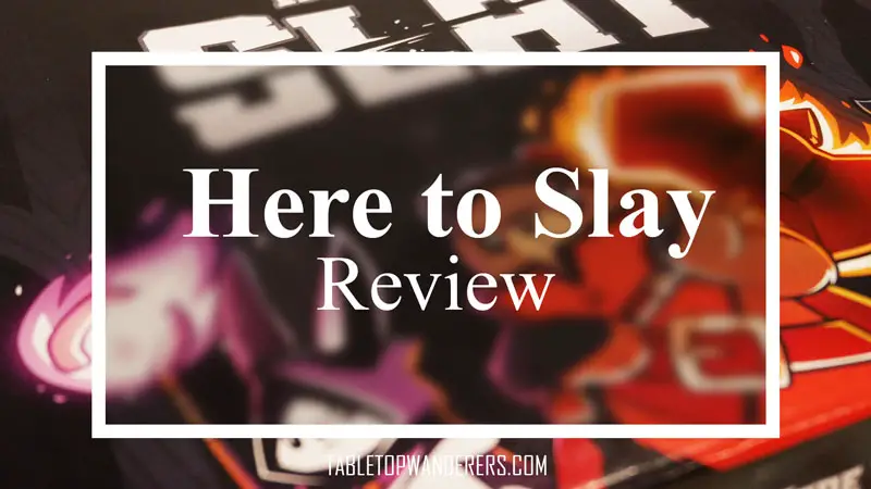 picture with the "here to slay review" white text over the game cover background