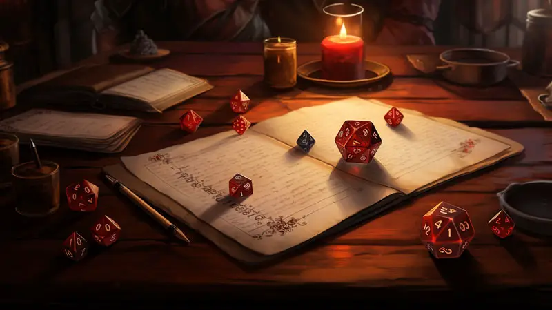 table with books, candles and dnd dice