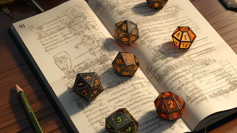 drawing of dnd dice on a book