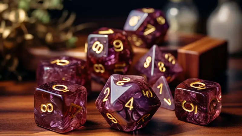 8 purple dnd dice on a blurred background