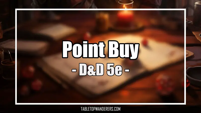 "Point buy" white text on a blurred background depicting a table with a sketch book and dice