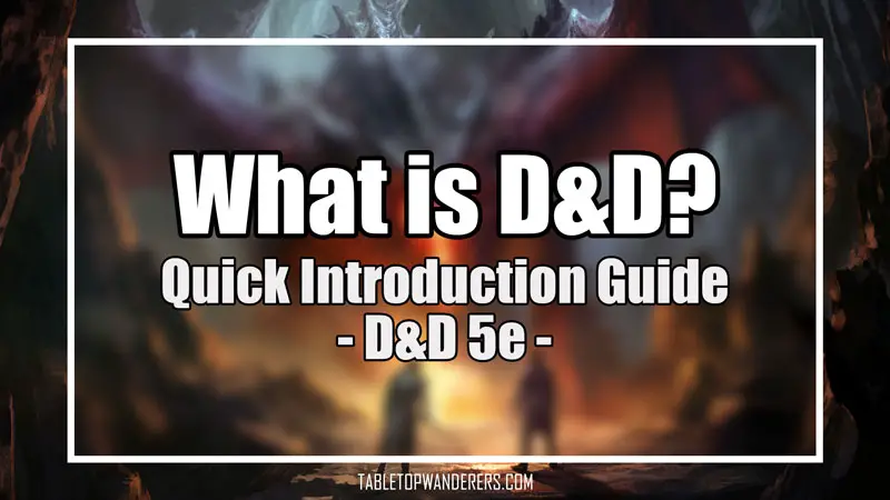 "What is D&D" white text on a blurred background depicting a red dragon and two adventurers in a cave