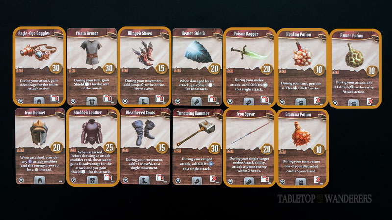 Gloomhaven jaws of the lion best items from 1 to 13 on a dark background. Some have an orange rectangle shape to identify Demolitionist's best items