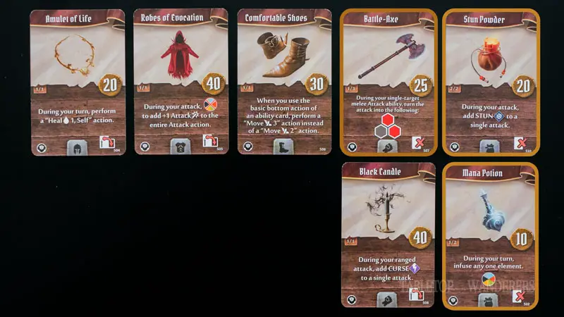 Gloomhaven jaws of the lion best items from 14 to 20 on a dark background. Some have an orange rectangle shape to identify Demolitionist's best items