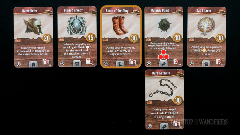 Gloomhaven jaws of the lion best items from 21 to 26 on a dark background. Some have an orange rectangle shape to identify Demolitionist's best items