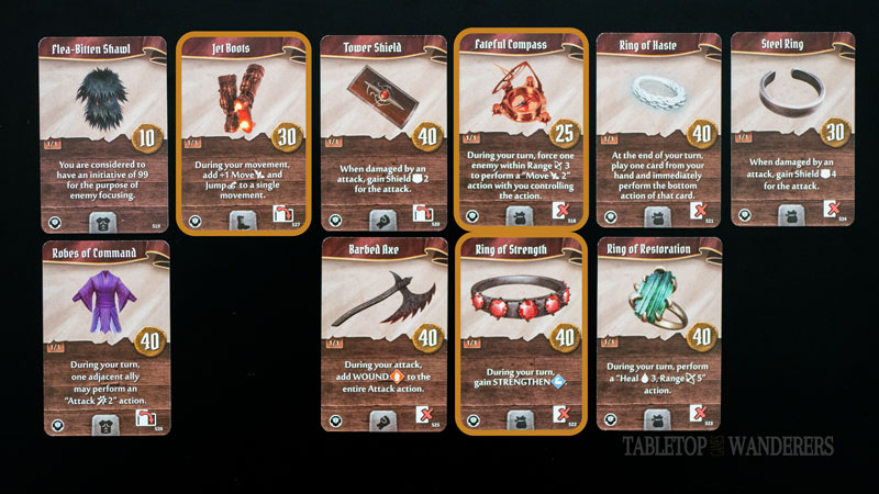 Gloomhaven jaws of the lion best items from 27 to 36 on a dark background. Some have an orange rectangle shape to identify Demolitionist's best items