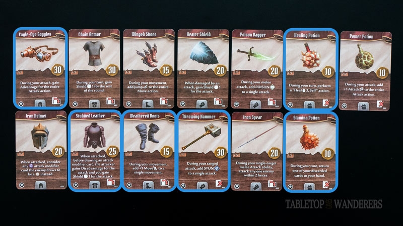 Gloomhaven jaws of the lion best items from 1 to 13 on a dark background. Some have a blue rectangle shape to identify Hatchet's best items