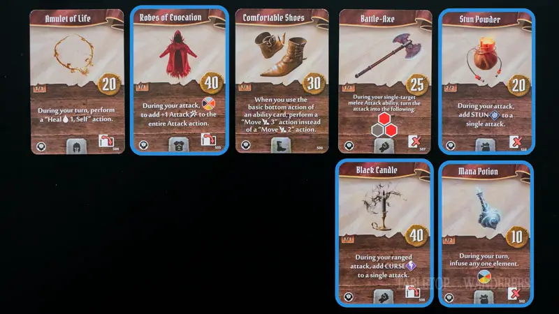 Gloomhaven jaws of the lion best items from 14 to 20 on a dark background. Some have a blue rectangle shape to identify Hatchet's best items