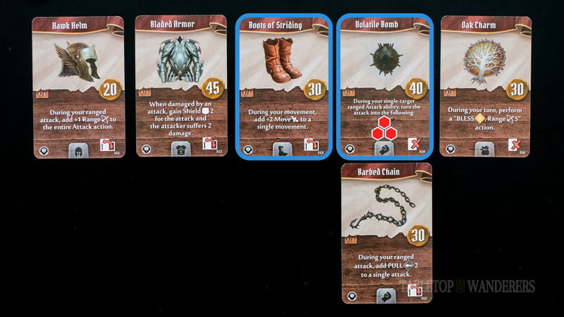 Gloomhaven jaws of the lion best items from 21 to 26 on a dark background. Some have a blue rectangle shape to identify Hatchet's best items