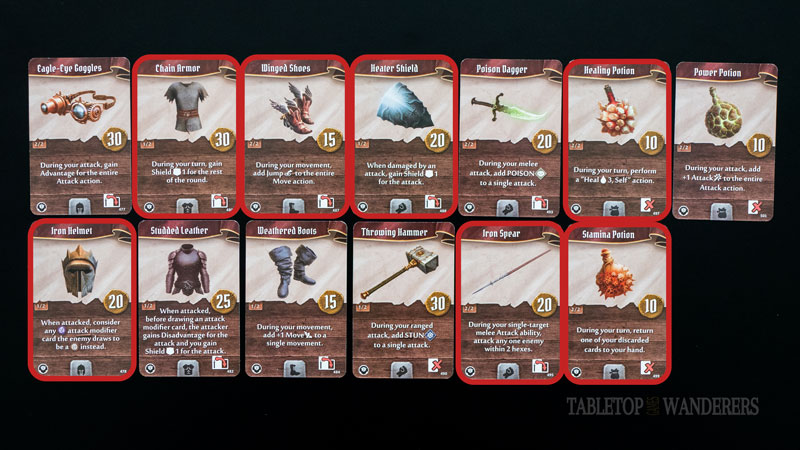 Gloomhaven jaws of the lion best items from 1 to 13 on a dark background. Some have a red rectangle shape to identify Red Guard's best items