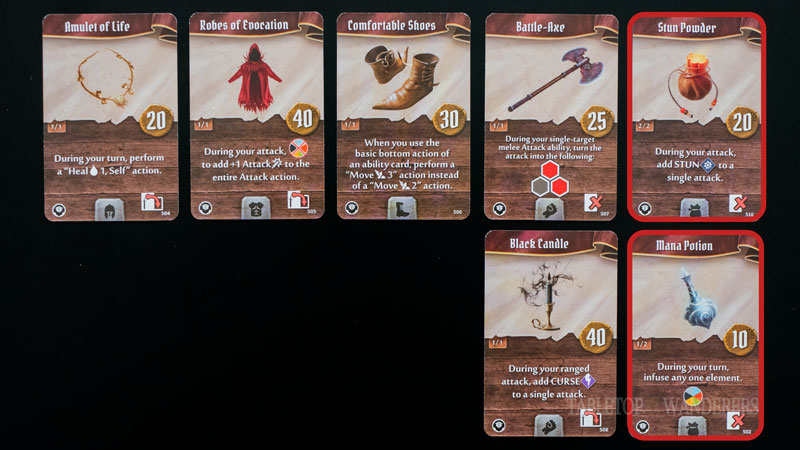Gloomhaven jaws of the lion best items from 14 to 20 on a dark background. Some have a red rectangle shape to identify Red Guard's best items