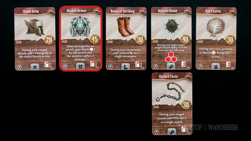 Gloomhaven jaws of the lion best items from 21 to 26 on a dark background. Some have a red rectangle shape to identify Red Guard's best items