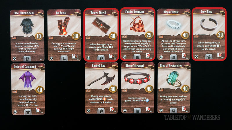 Gloomhaven jaws of the lion best items from 27 to 36 on a dark background. Some have a red rectangle shape to identify Red Guard's best items