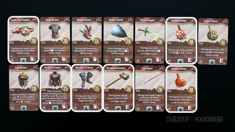 Gloomhaven jaws of the lion best items from 1 to 13 on a dark background. Some have a grey rectangle shape to identify Voidwarden's best items