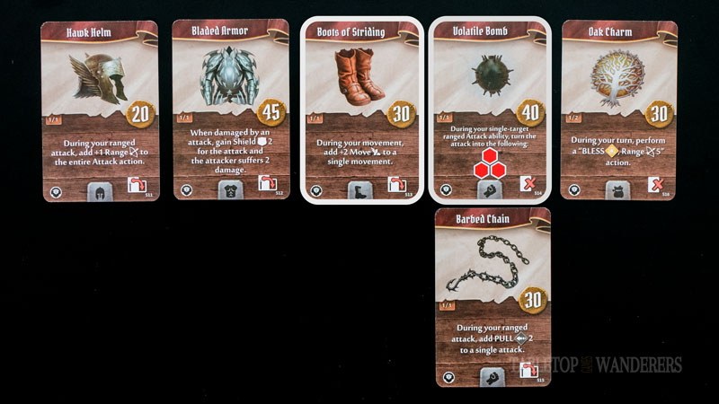 Gloomhaven jaws of the lion best items from 21 to 26 on a dark background. Some have a grey rectangle shape to identify Voidwarden's best items