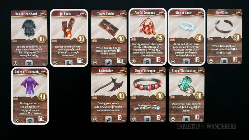 Gloomhaven jaws of the lion best items from 27 to 36 on a dark background. Some have a grey rectangle shape to identify Voidwarden's best items